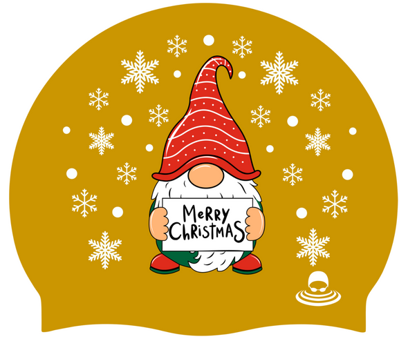 Gnome with a 'Merry Christmas' sign on a yellow background with snowflakes