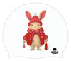 Illustration of a rabbit wearing a red hat and scarf on a white background